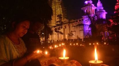 Buddha Purnima Tathagat preaching site illuminated by lamps in Sarnath varanasi